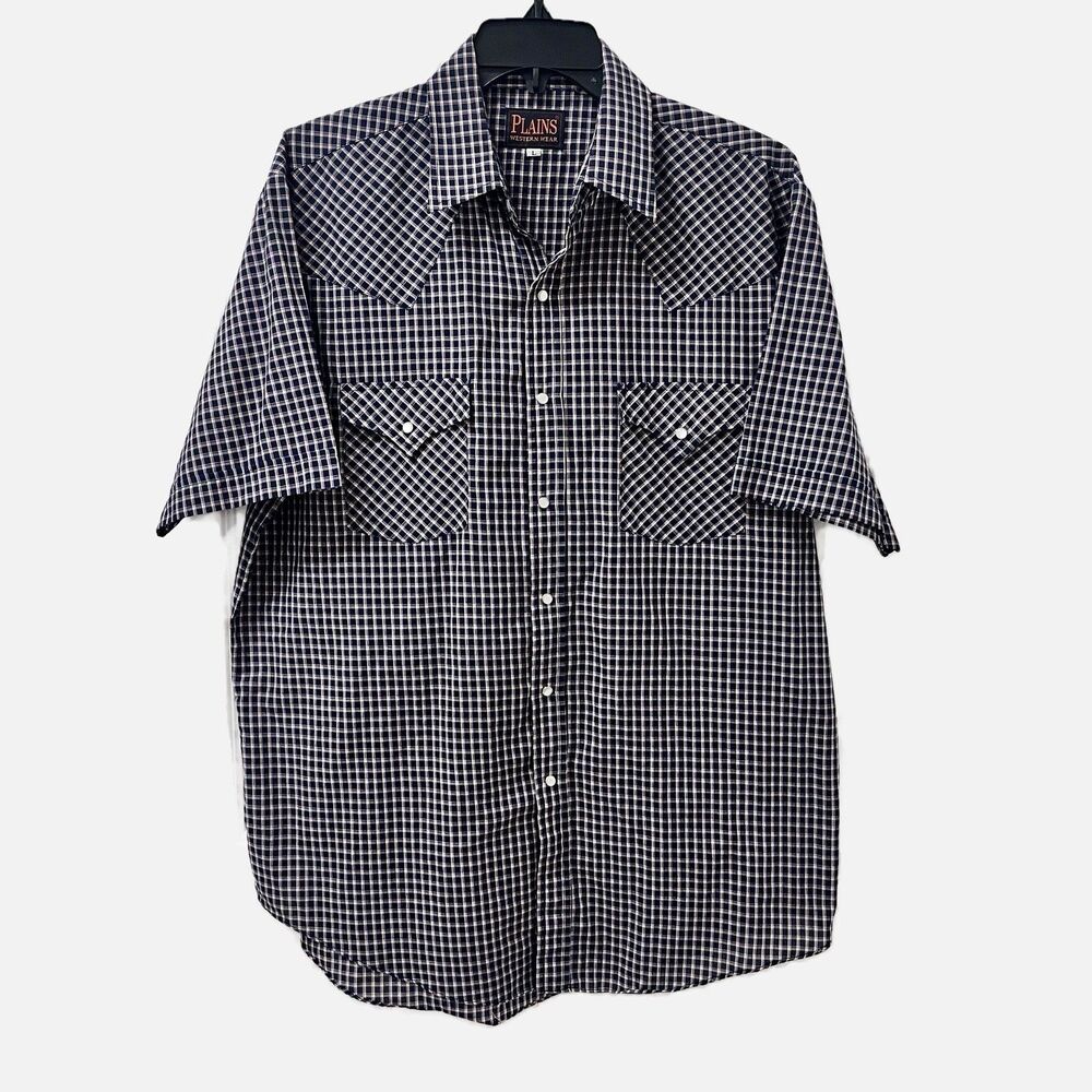 Plains Western Wear Blue Check/Plaid Shirt Sleeve Pearl Snap Shirt Size Large